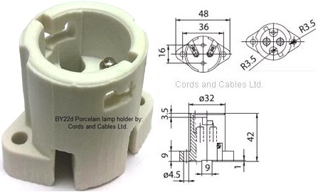 3.GP010.BY22d.SFH (P40) BY22d BC Porcelain lamp- holder SIDE FIXING holes & screw terminals - for SPECIAL APPLICATIONS use