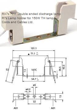3.RX7S.A04H.15.SILDI RX7s Lamp holder for 70W MH or Sodium linear discharge lamp 180 deg. silicone fly leads