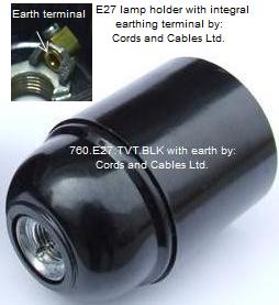 760.E27.TVT.BLK E27 Bakelite lamp holder plain skirt with EARTHED dome